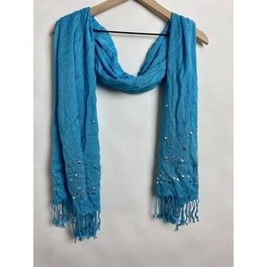 Women's Blue Studded Scarf With Fringe